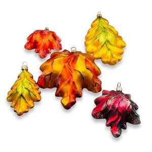 Christopher Radko‎ Set of 5 Glass Fall Leaf Ornaments Thanksgiving Decor
